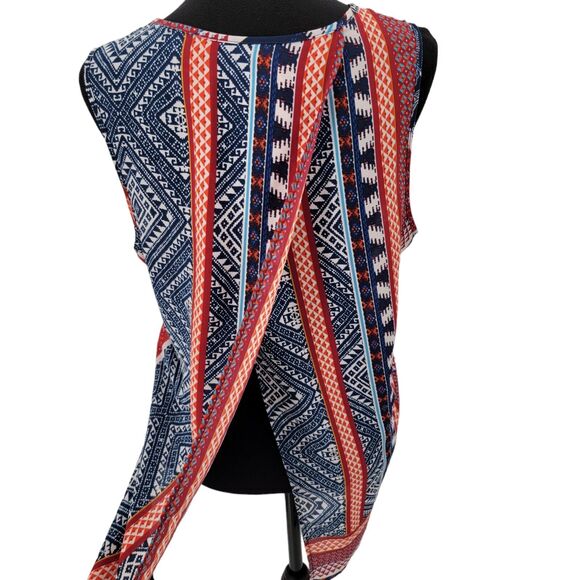 M Fasis By California Blue Blouse Women's Size 1X Colorful Split Back Semi Sheer - Picture 4 of 10